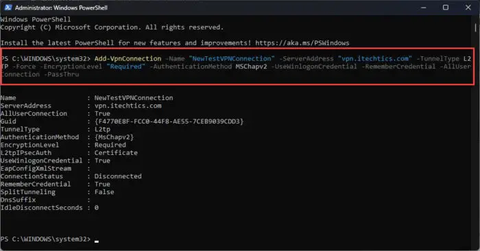 添加一个新的使用PowerShell L2TP VPN连接