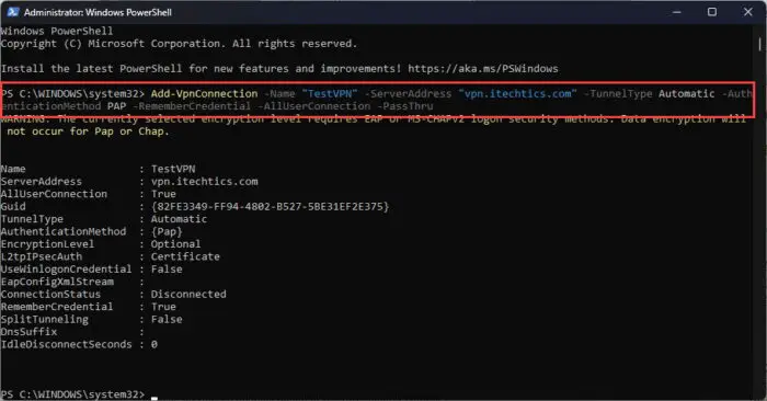 添加一个新的使用PowerShell VPN连接