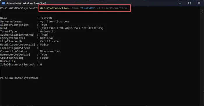 得到的细节在PowerShell speific全球VPN配置文件