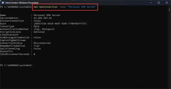 获得当前用户在特定的VPN的细节在PowerShell