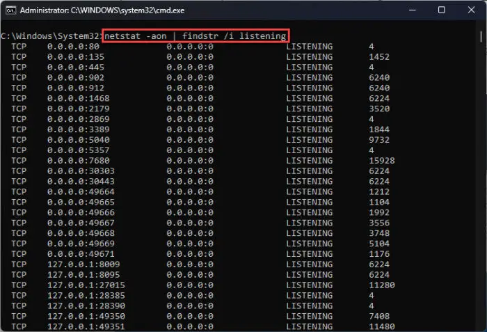 在命令提示符下使用Netstat列出所有监听的端口