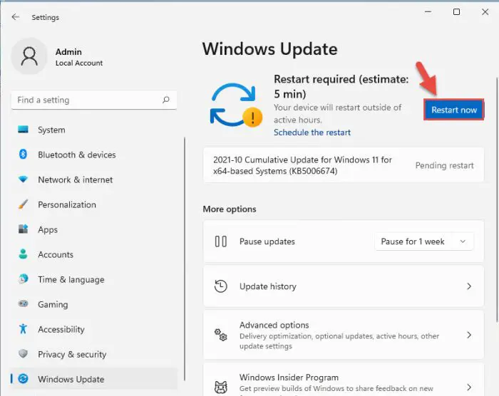 Download Cumulative Update KB5006674 for Windows 11 With Performance Fixes 2 现在重启1