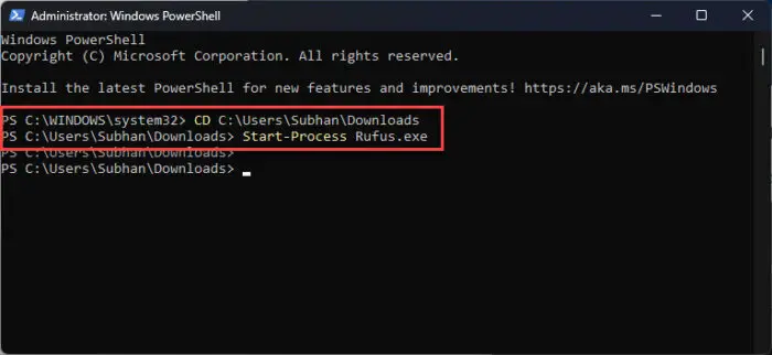 运行可执行文件使用开始从PowerShell command2的过程