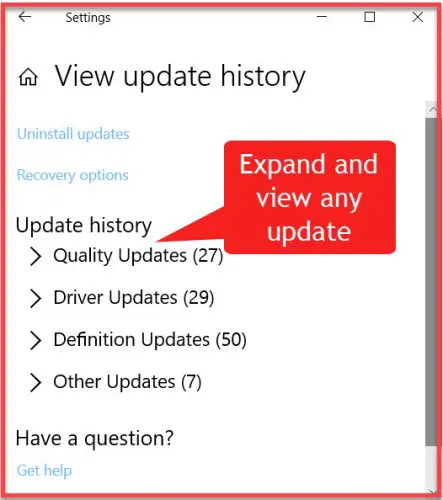 视图更新历史在Windows 10