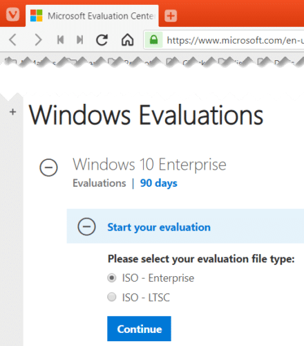 选择Windows 10企业评价ISO文件类型