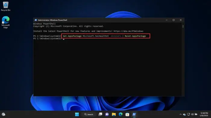 工厂重置Windows安全应用程序