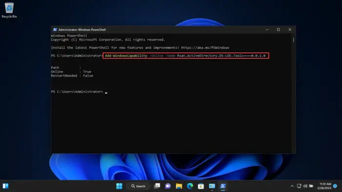 安装活动目录用户和计算机使用PowerShell