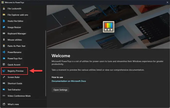 打开注册表在PowerToys预览选项卡