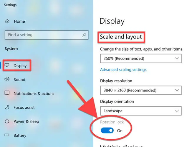 旋转锁在Windows 10显示设置